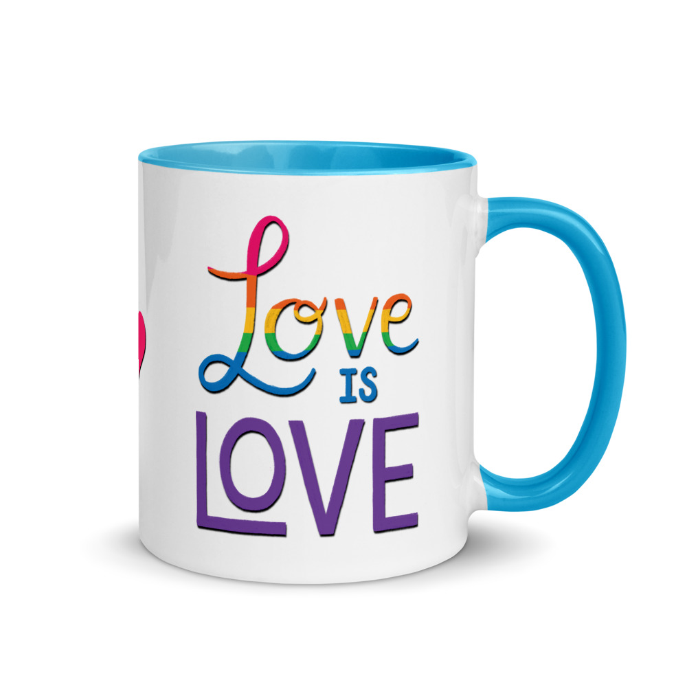 love is love mug with blue handle and inside