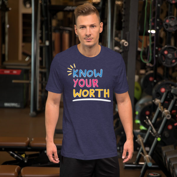 man wearing know your worth navy colored shirt